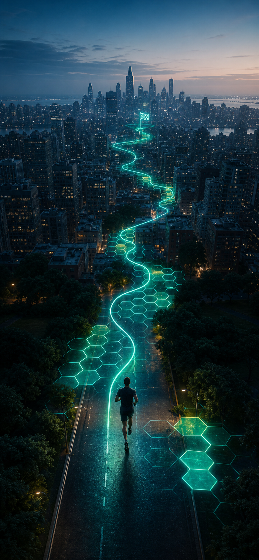 Runner following a glowing Runquest route across a city